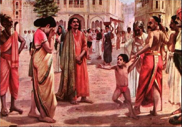 Raja Ravi Varma Harischandra in Distress, having lost his kingdom and all the wealth parting with his only son in an auction